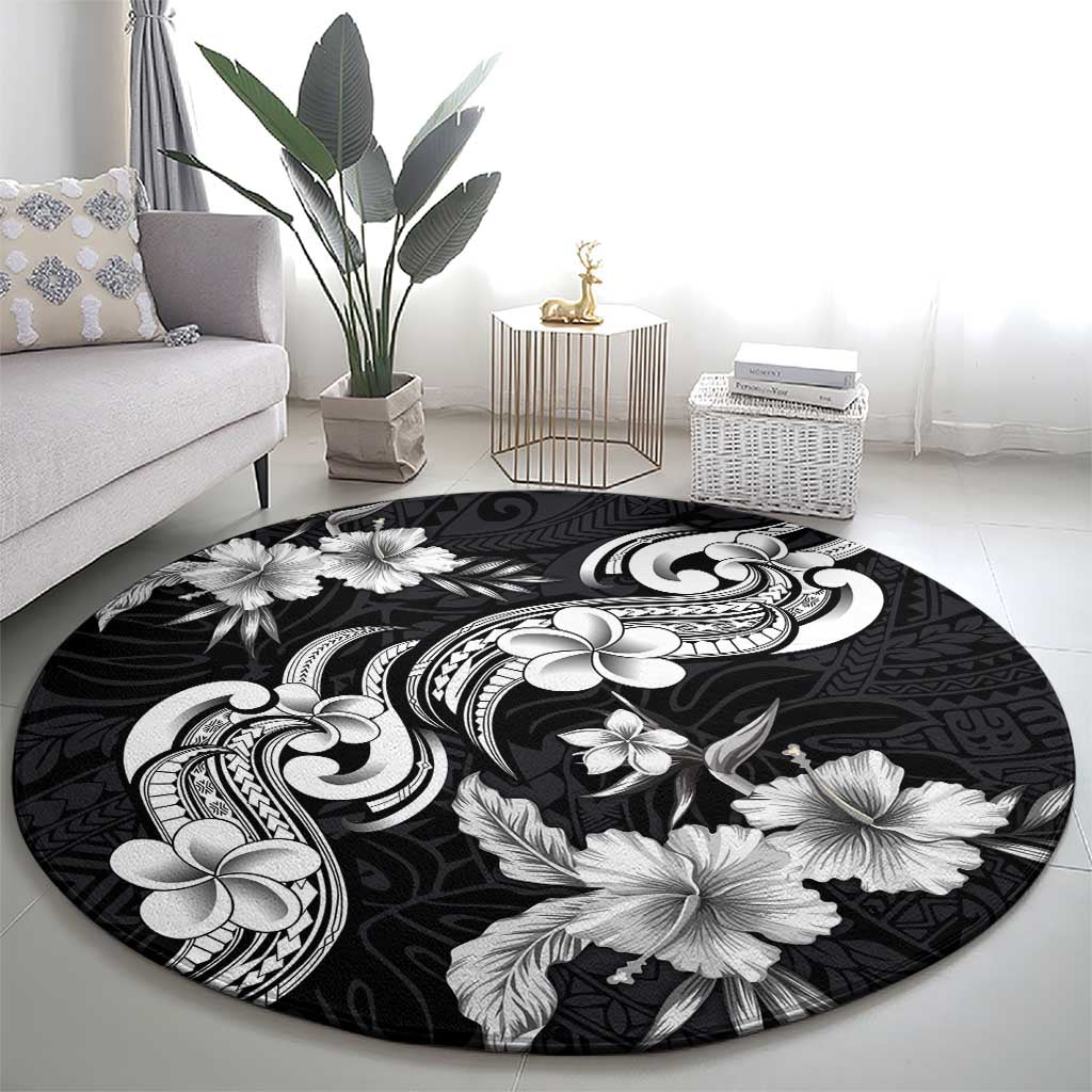 Hawaiian-Polynesian Art Tattoo Round Carpet Hibiscus and Plumeria Grayscale