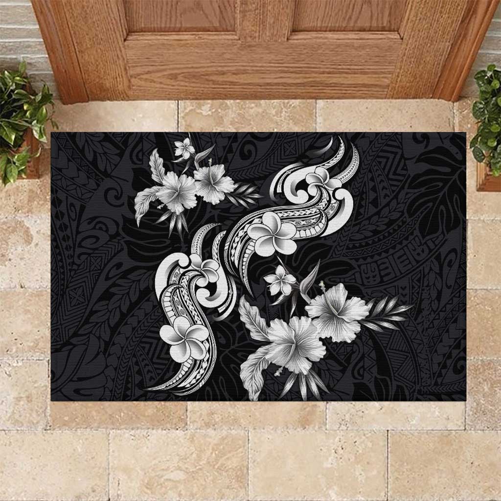 Hawaiian-Polynesian Art Tattoo Rubber Doormat Hibiscus and Plumeria Grayscale