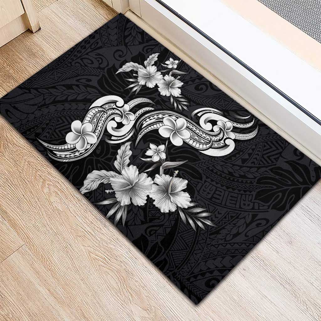 Hawaiian-Polynesian Art Tattoo Rubber Doormat Hibiscus and Plumeria Grayscale