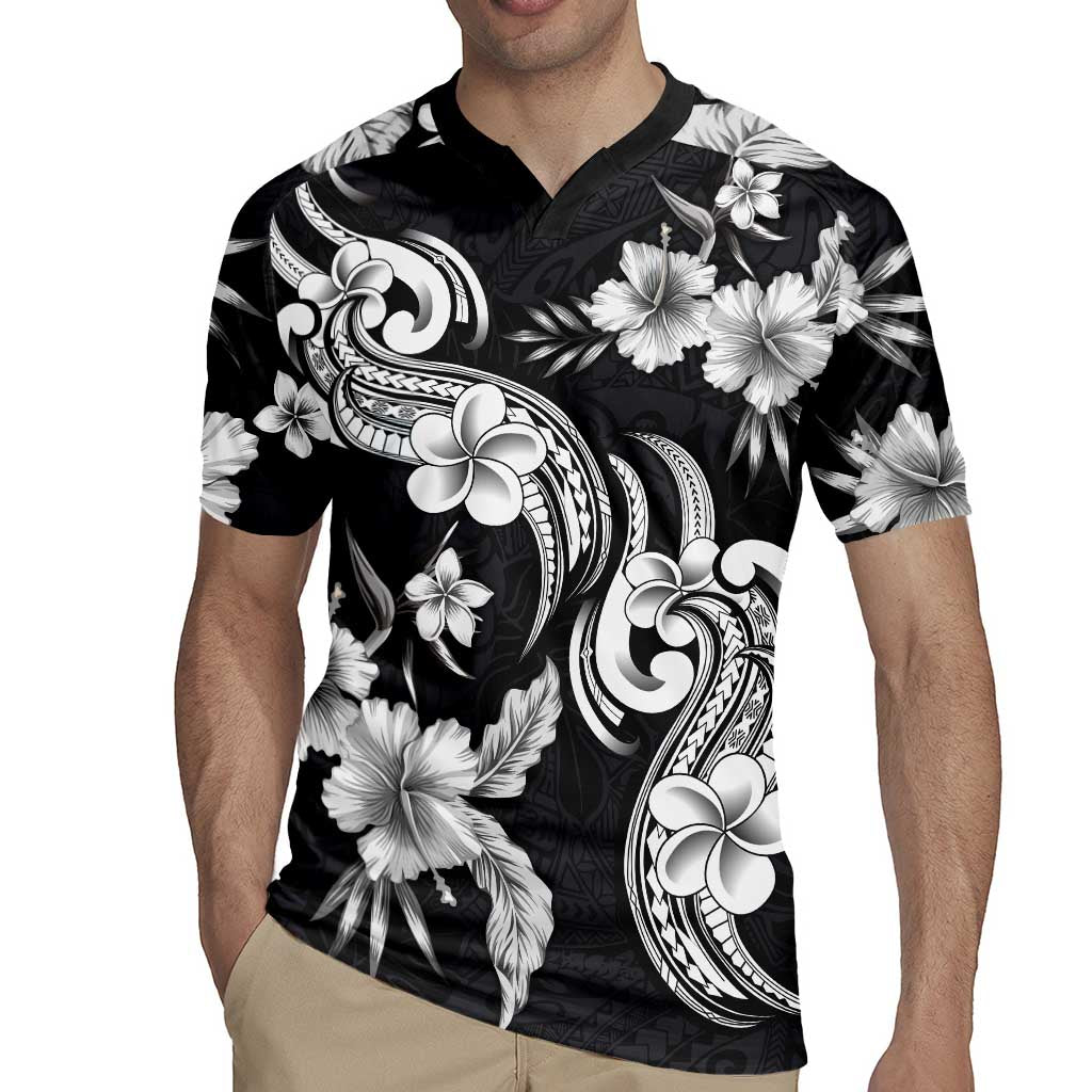 Hawaiian-Polynesian Art Tattoo Rugby Jersey Hibiscus and Plumeria Grayscale