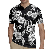 Hawaiian-Polynesian Art Tattoo Rugby Jersey Hibiscus and Plumeria Grayscale