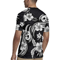 Hawaiian-Polynesian Art Tattoo Rugby Jersey Hibiscus and Plumeria Grayscale