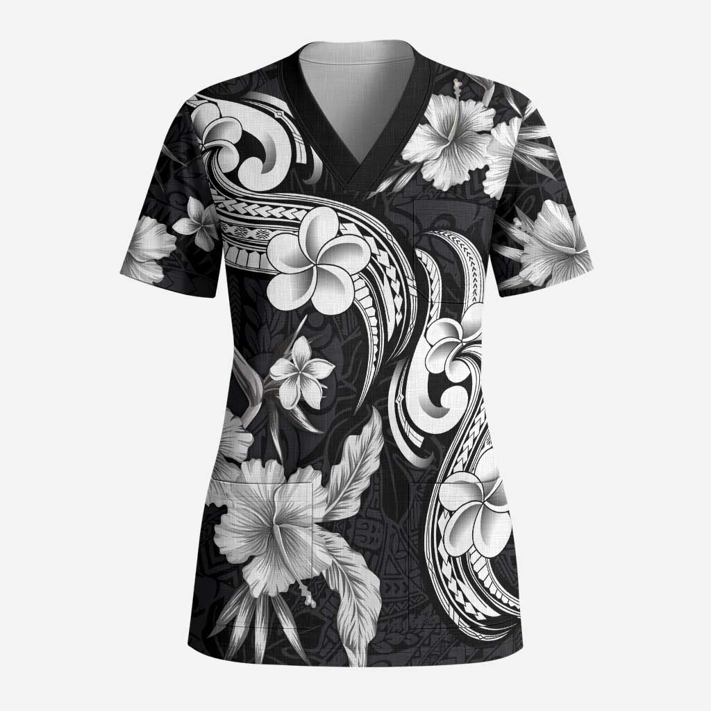 Hawaiian-Polynesian Art Tattoo Scrub Top Hibiscus and Plumeria Grayscale - Polynesian Pride
