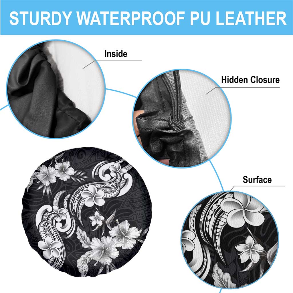 Hawaiian-Polynesian Art Tattoo Spare Tire Cover Hibiscus and Plumeria Grayscale