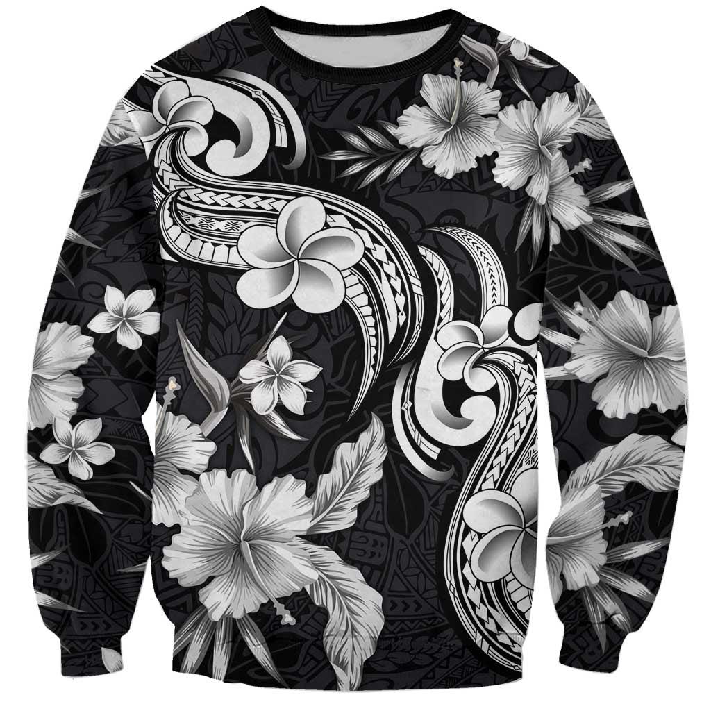 Hawaiian-Polynesian Art Tattoo Sweatshirt Hibiscus and Plumeria Grayscale