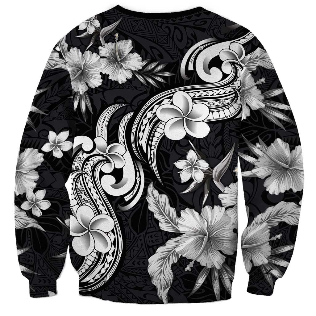 Hawaiian-Polynesian Art Tattoo Sweatshirt Hibiscus and Plumeria Grayscale