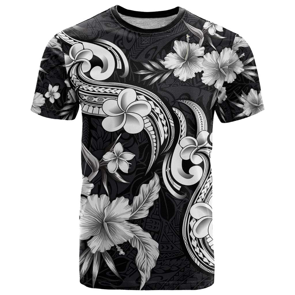 Hawaiian-Polynesian Art Tattoo T Shirt Hibiscus and Plumeria Grayscale