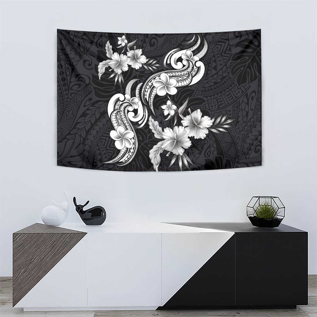 Hawaiian-Polynesian Art Tattoo Tapestry Hibiscus and Plumeria Grayscale