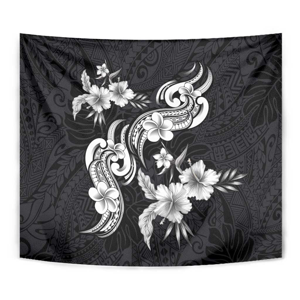 Hawaiian-Polynesian Art Tattoo Tapestry Hibiscus and Plumeria Grayscale