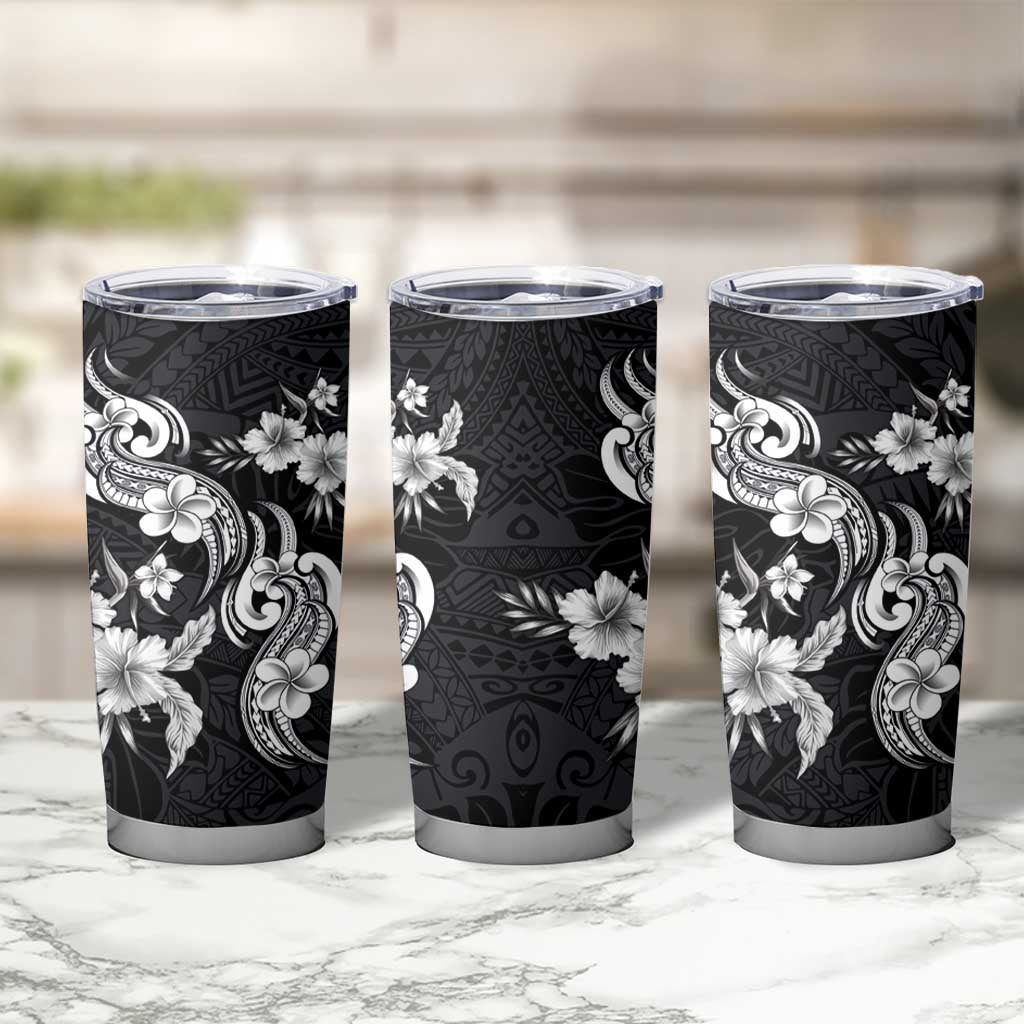 Hawaiian-Polynesian Art Tattoo Tumbler Cup Hibiscus and Plumeria Grayscale
