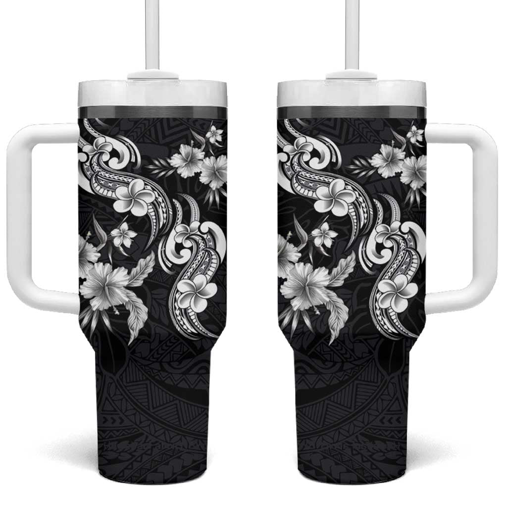 Hawaiian-Polynesian Art Tattoo Tumbler With Handle Hibiscus and Plumeria Grayscale