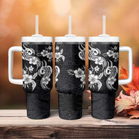 Hawaiian-Polynesian Art Tattoo Tumbler With Handle Hibiscus and Plumeria Grayscale
