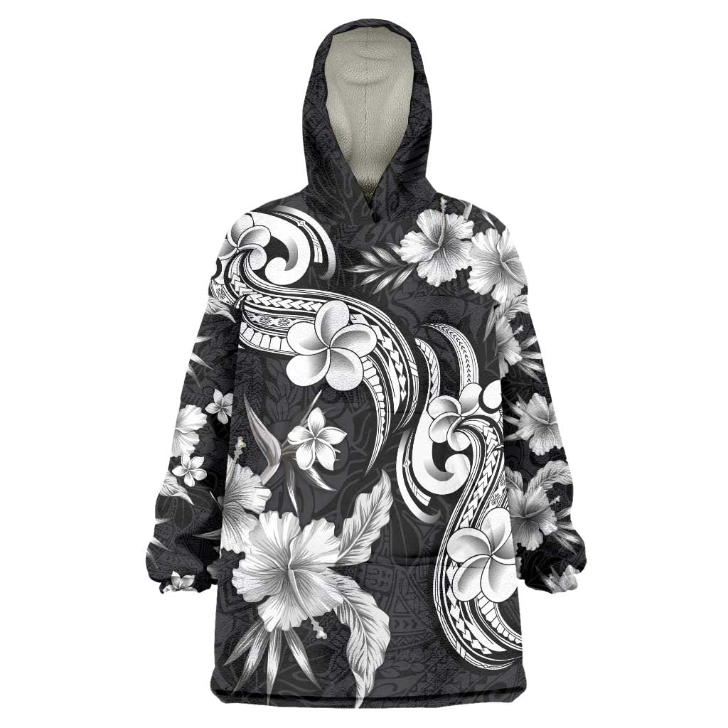 Hawaiian-Polynesian Art Tattoo Wearable Blanket Hoodie Hibiscus and Plumeria Grayscale