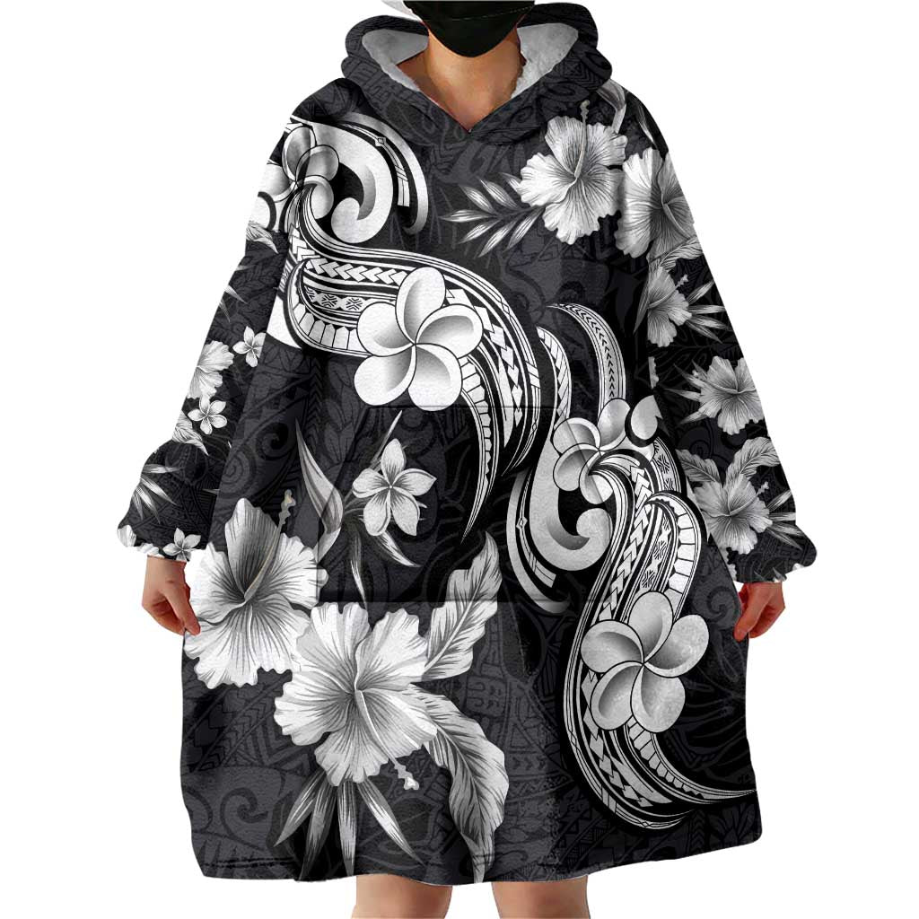 Hawaiian-Polynesian Art Tattoo Wearable Blanket Hoodie Hibiscus and Plumeria Grayscale