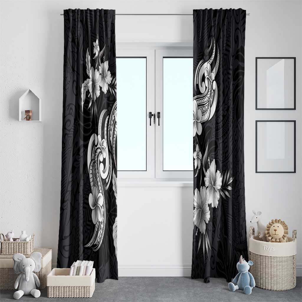Hawaiian-Polynesian Art Tattoo Window Curtain Hibiscus and Plumeria Grayscale