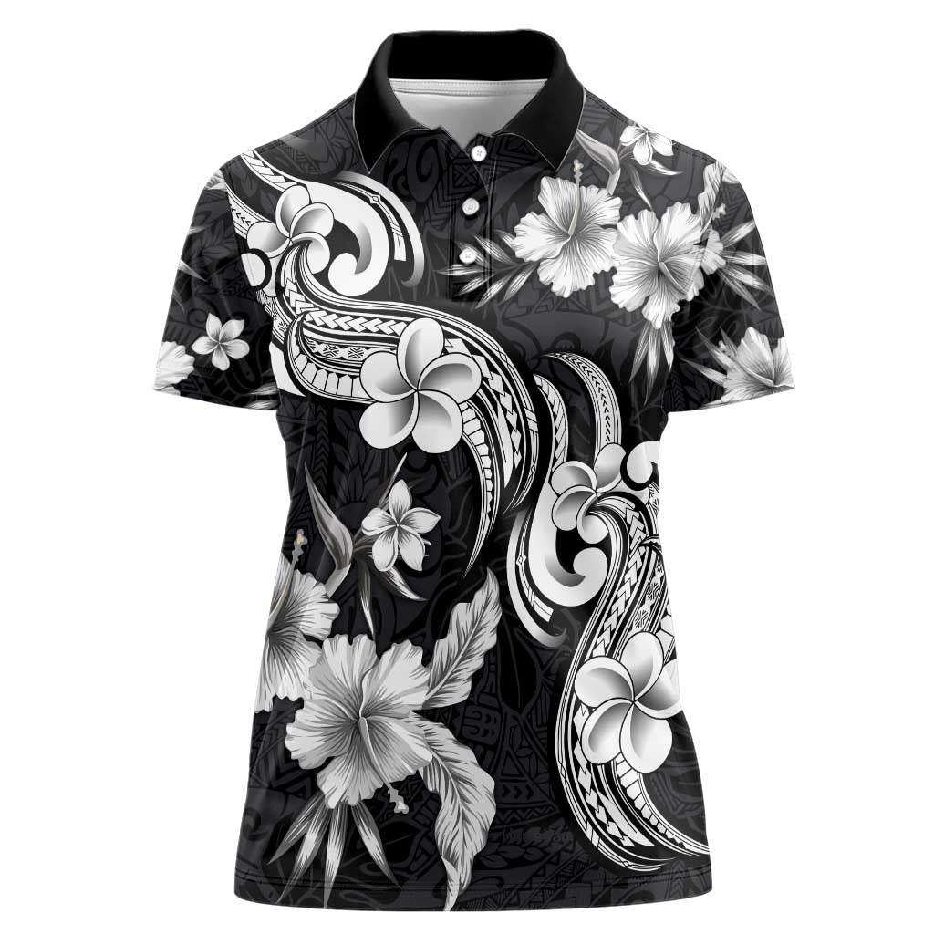 Hawaiian-Polynesian Art Tattoo Women Polo Shirt Hibiscus and Plumeria Grayscale