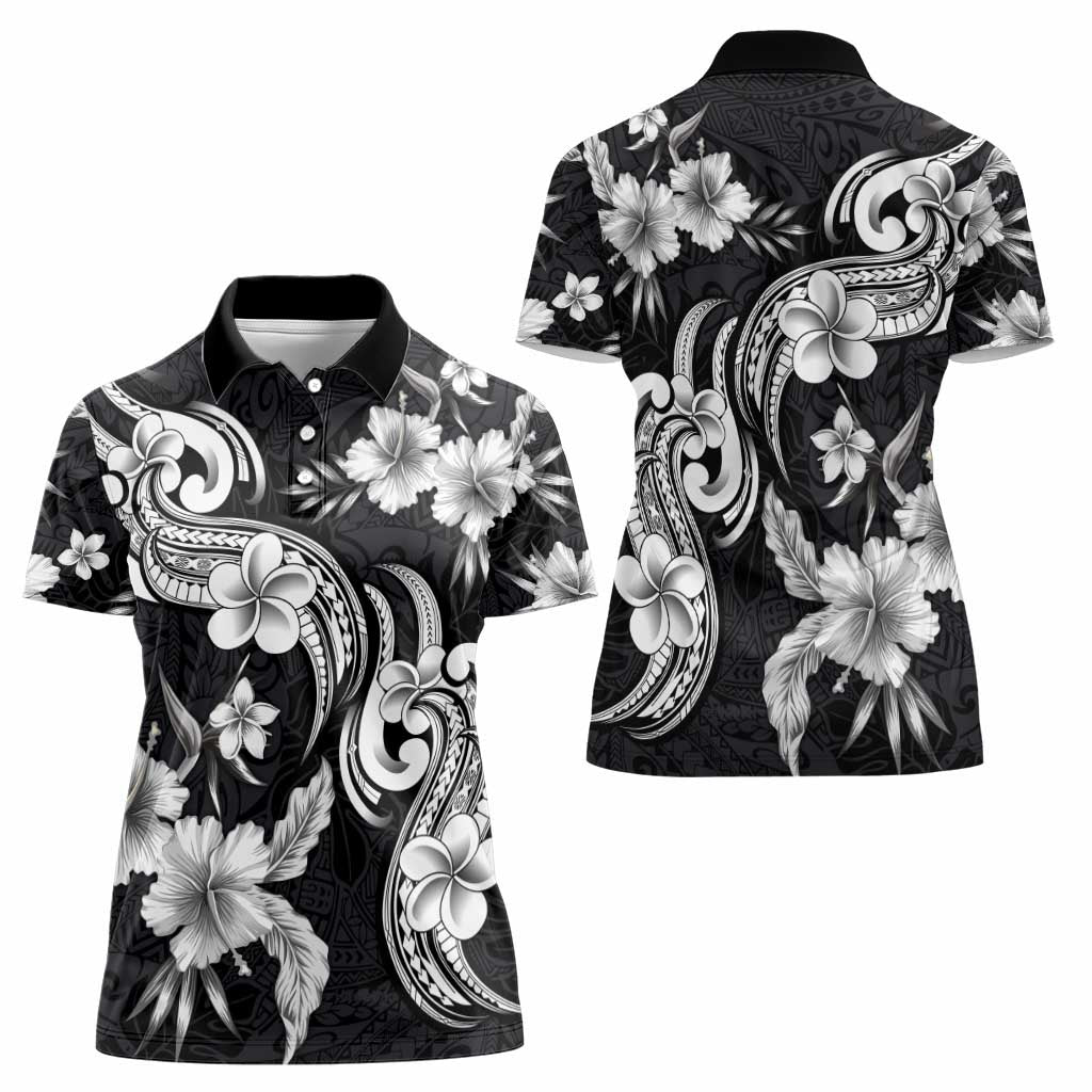 Hawaiian-Polynesian Art Tattoo Women Polo Shirt Hibiscus and Plumeria Grayscale