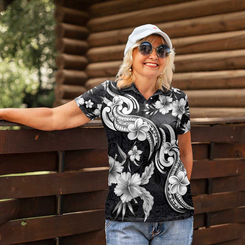 Hawaiian-Polynesian Art Tattoo Women Polo Shirt Hibiscus and Plumeria Grayscale