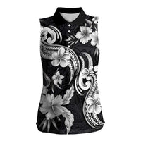 Hawaiian-Polynesian Art Tattoo Women Sleeveless Polo Shirt Hibiscus and Plumeria Grayscale