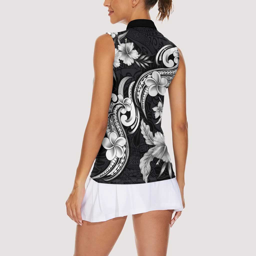 Hawaiian-Polynesian Art Tattoo Women Sleeveless Polo Shirt Hibiscus and Plumeria Grayscale