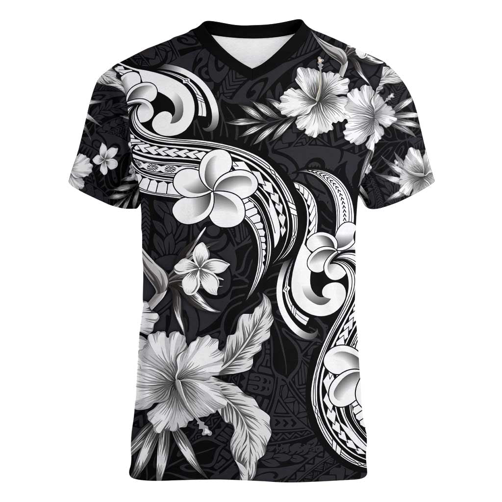 Hawaiian-Polynesian Art Tattoo Women V-Neck T-Shirt Hibiscus and Plumeria Grayscale