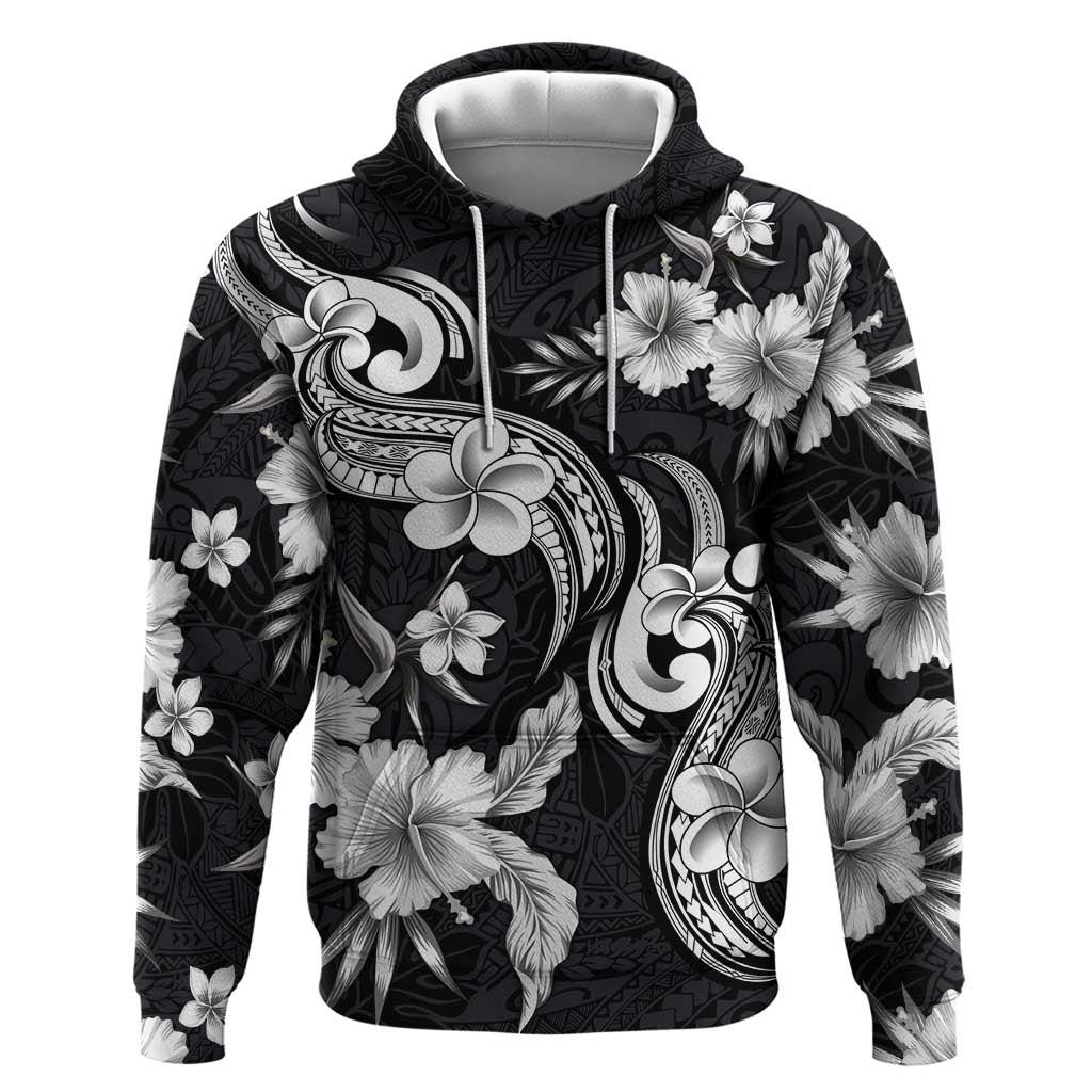 Hawaiian-Polynesian Art Tattoo Zip Hoodie Hibiscus and Plumeria Grayscale