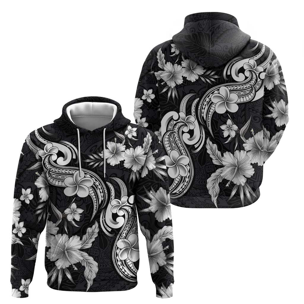 Hawaiian-Polynesian Art Tattoo Zip Hoodie Hibiscus and Plumeria Grayscale