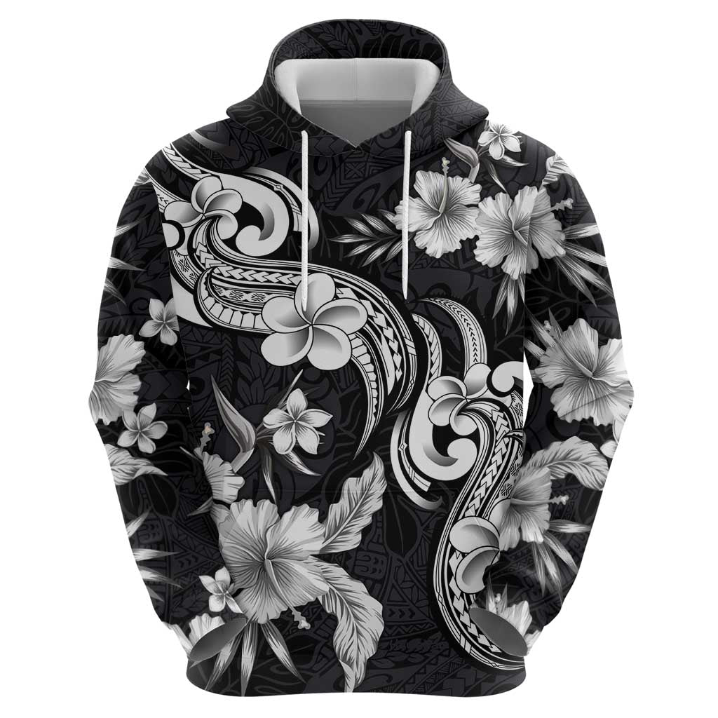 Hawaiian-Polynesian Art Tattoo Zip Hoodie Hibiscus and Plumeria Grayscale