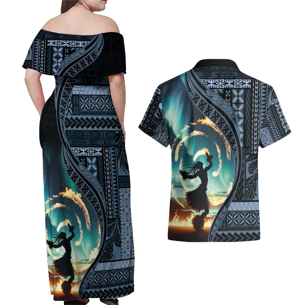 Samoan Siapo Motif and Siva Afi Dance Couples Matching Off Shoulder Maxi Dress and Hawaiian Shirt