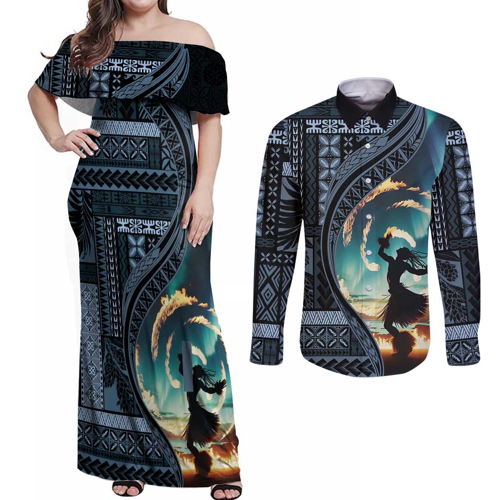 Samoan Siapo Motif and Siva Afi Dance Couples Matching Off Shoulder Maxi Dress and Long Sleeve Button Shirt