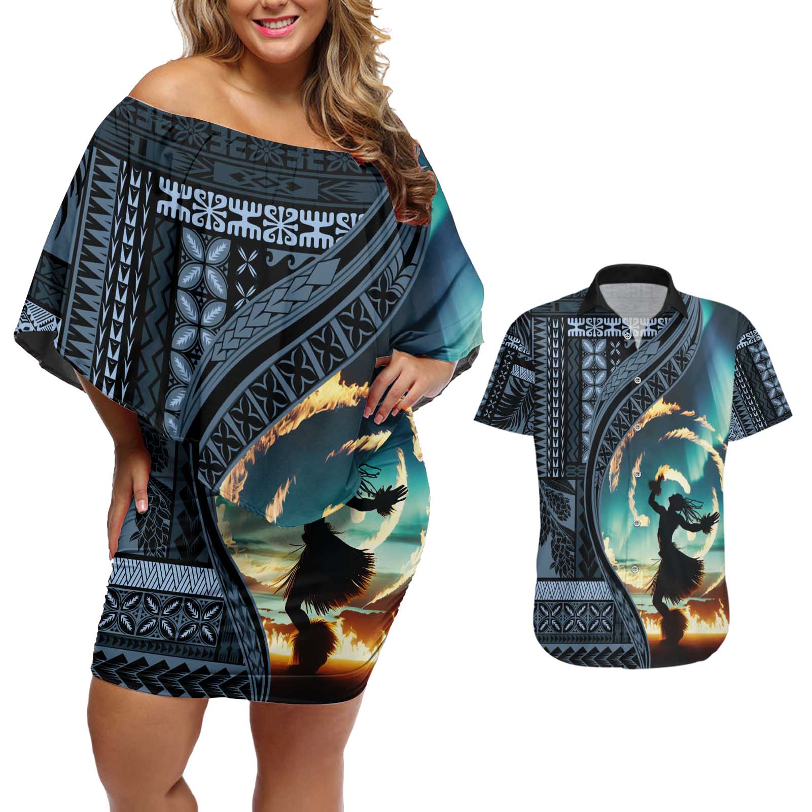 Samoan Siapo Motif and Siva Afi Dance Couples Matching Off Shoulder Short Dress and Hawaiian Shirt