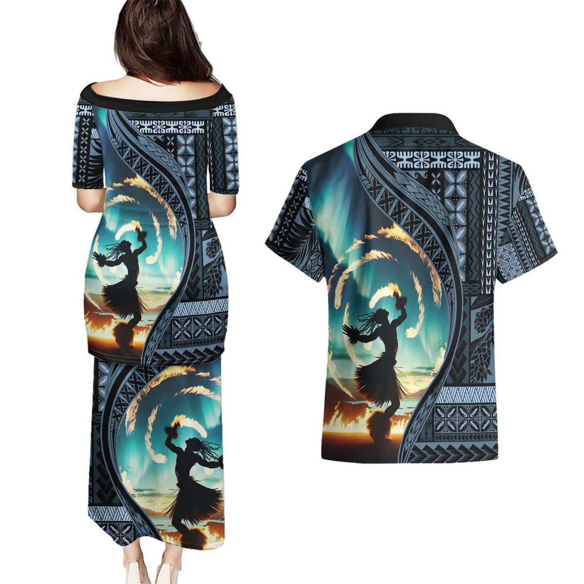 Samoan Siapo Motif and Siva Afi Dance Couples Matching Puletasi and Hawaiian Shirt