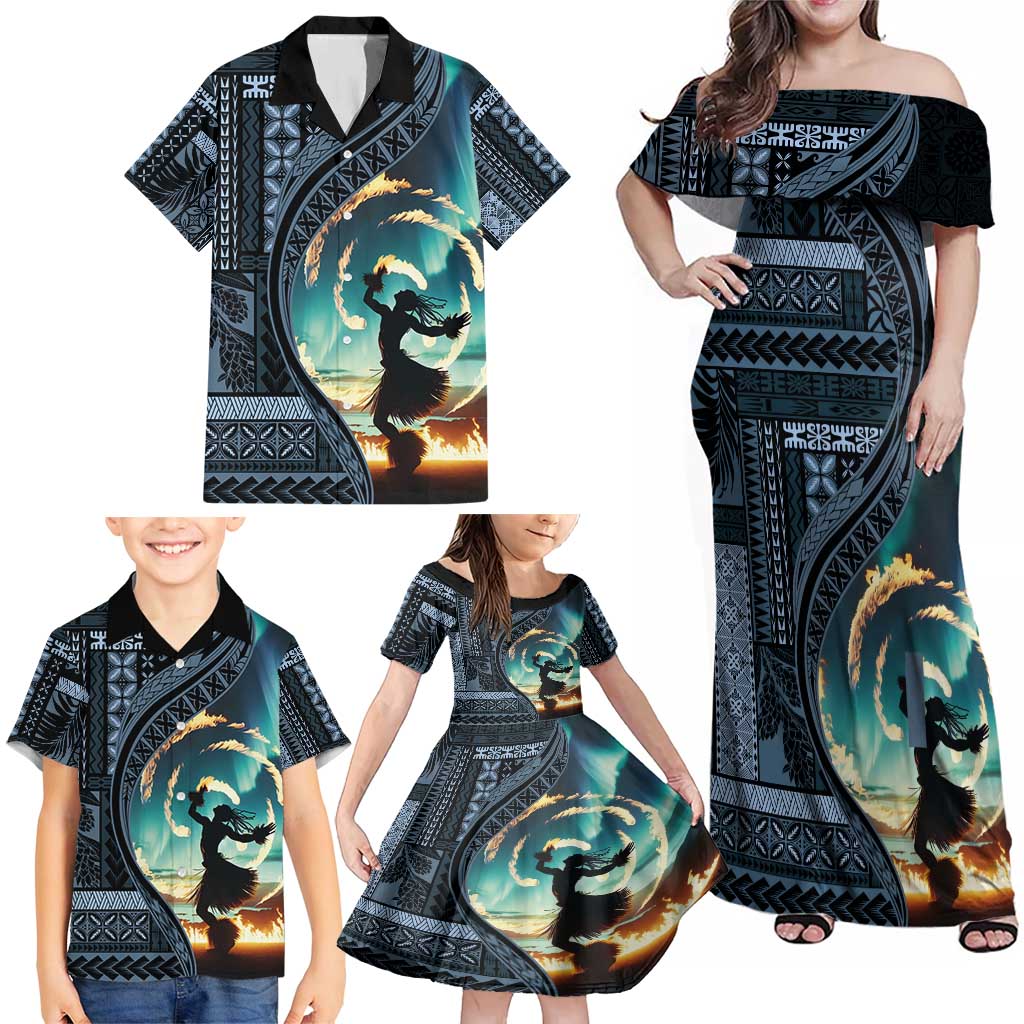 Samoan Siapo Motif and Siva Afi Dance Family Matching Off Shoulder Maxi Dress and Hawaiian Shirt