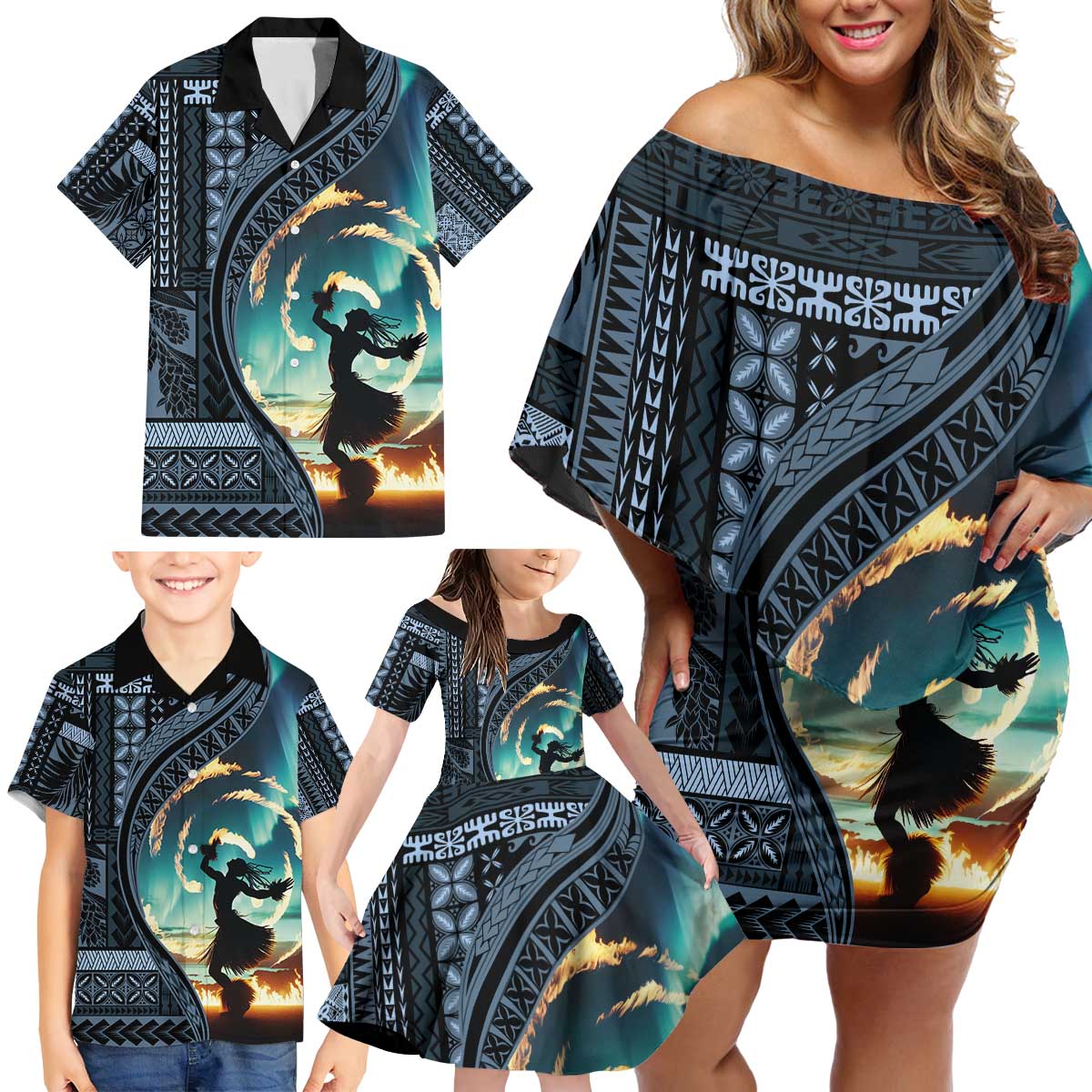 Samoan Siapo Motif and Siva Afi Dance Family Matching Off Shoulder Short Dress and Hawaiian Shirt