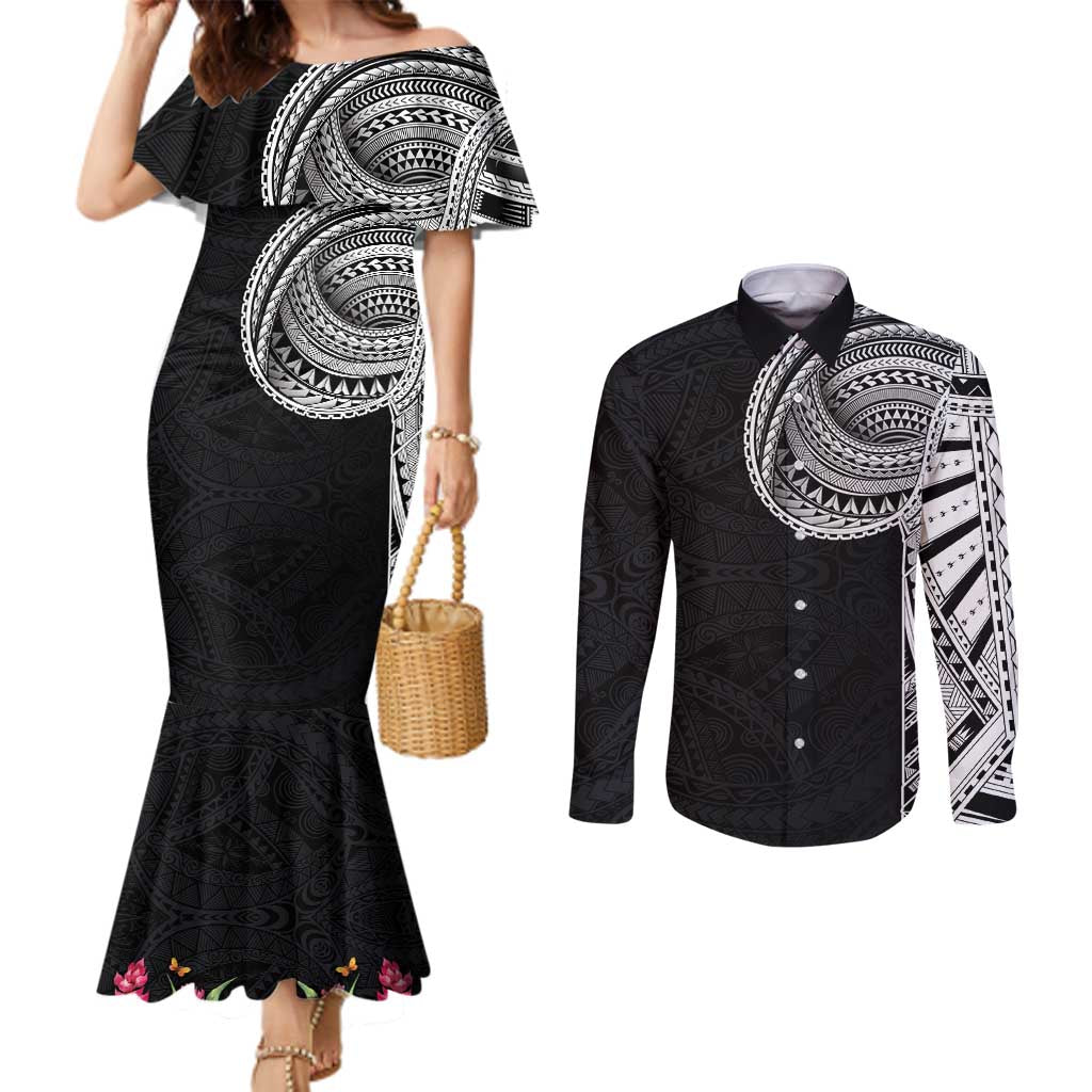 Samoan Art Tattoo Polynesian Pattern Couples Matching Mermaid Dress and Long Sleeve Button Shirt