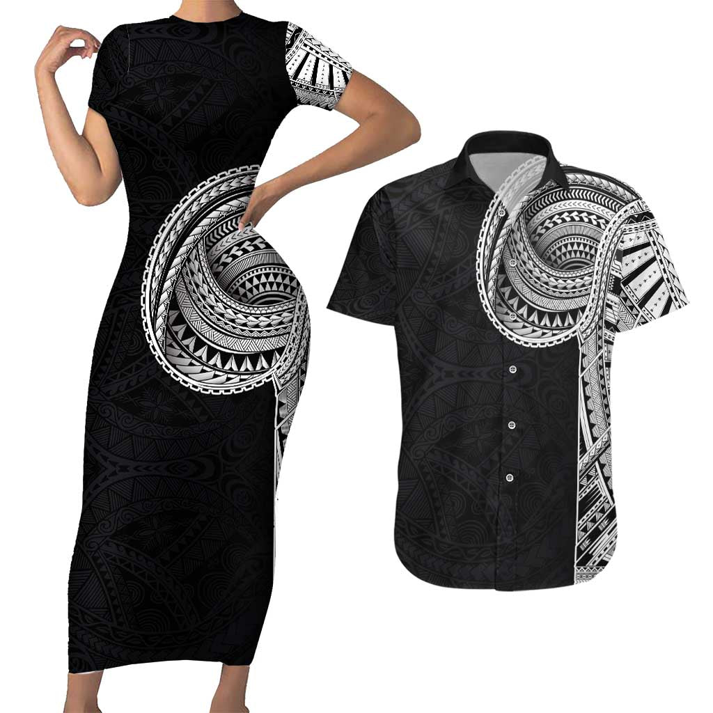 Samoan Art Tattoo Polynesian Pattern Couples Matching Short Sleeve Bodycon Dress and Hawaiian Shirt