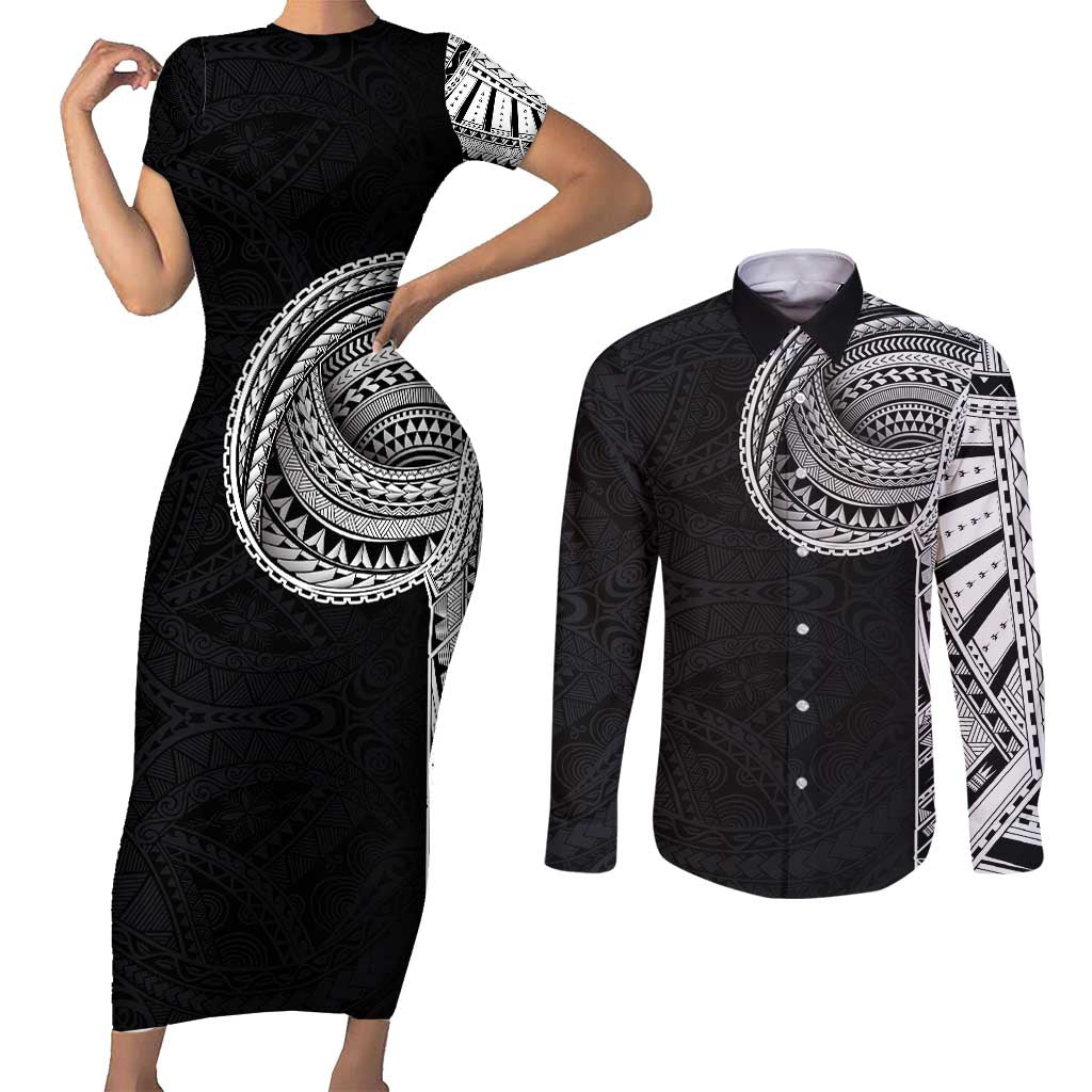 Samoan Art Tattoo Polynesian Pattern Couples Matching Short Sleeve Bodycon Dress and Long Sleeve Button Shirt