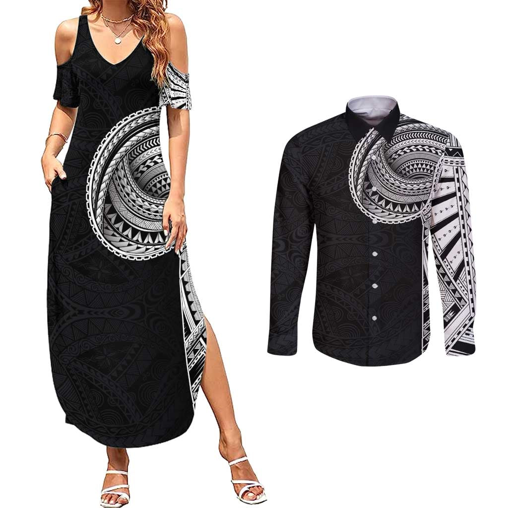 Samoan Art Tattoo Polynesian Pattern Couples Matching Summer Maxi Dress and Long Sleeve Button Shirt