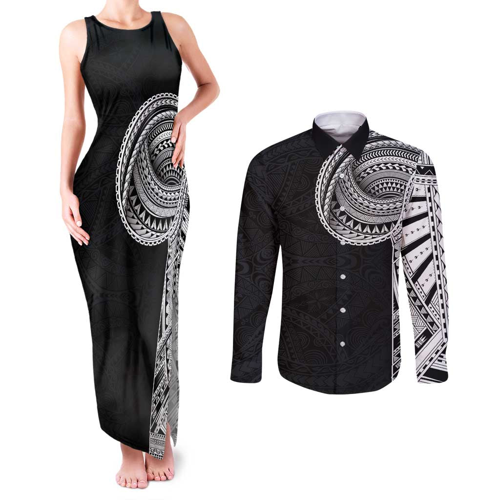 Samoan Art Tattoo Polynesian Pattern Couples Matching Tank Maxi Dress and Long Sleeve Button Shirt