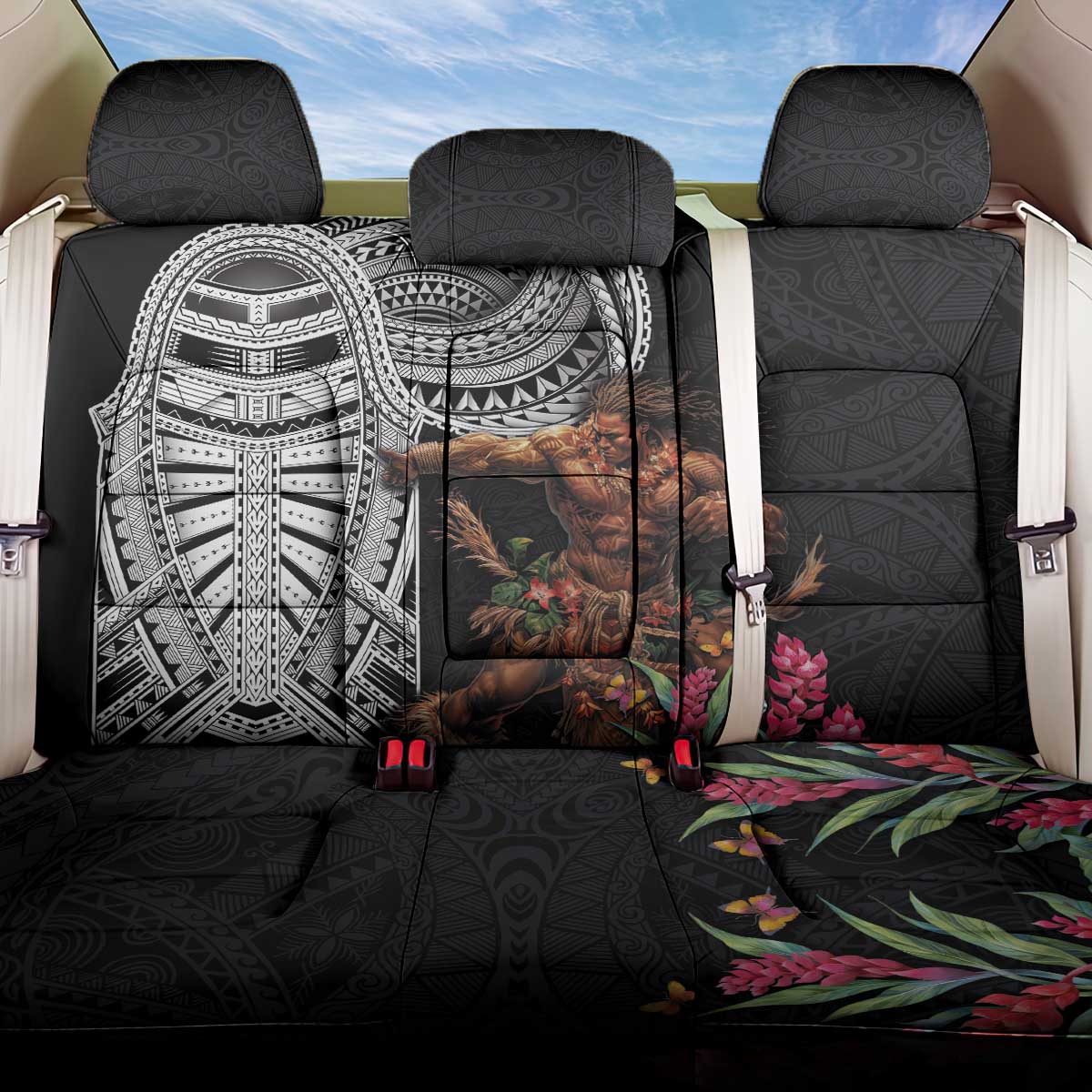 Samoan Warrior Art Tattoo Back Car Seat Cover Polynesian Pattern and Teuila
