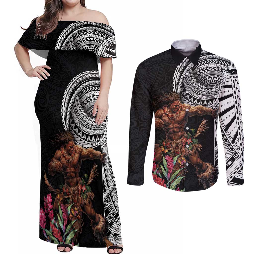 Samoan Warrior Art Tattoo Couples Matching Off Shoulder Maxi Dress and Long Sleeve Button Shirt Polynesian Pattern and Teuila