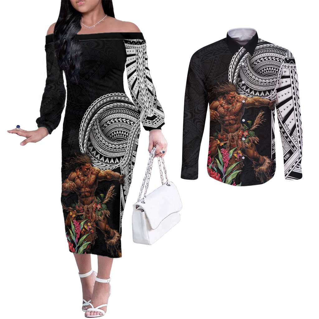 Samoan Warrior Art Tattoo Couples Matching Off The Shoulder Long Sleeve Dress and Long Sleeve Button Shirt Polynesian Pattern and Teuila