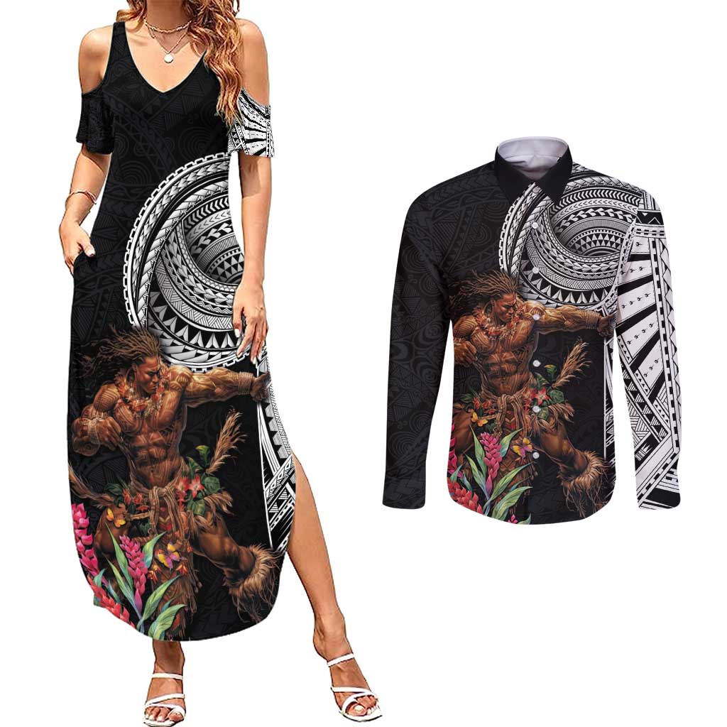 Samoan Warrior Art Tattoo Couples Matching Summer Maxi Dress and Long Sleeve Button Shirt Polynesian Pattern and Teuila