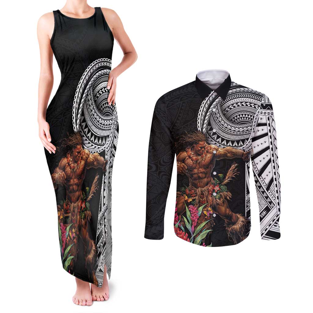 Samoan Warrior Art Tattoo Couples Matching Tank Maxi Dress and Long Sleeve Button Shirt Polynesian Pattern and Teuila