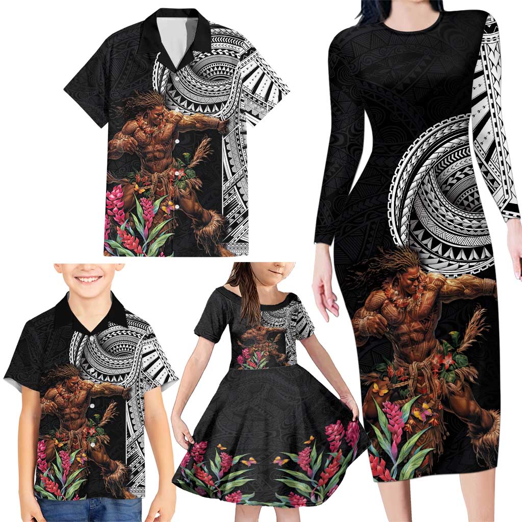 Samoan Warrior Art Tattoo Family Matching Long Sleeve Bodycon Dress and Hawaiian Shirt Polynesian Pattern and Teuila