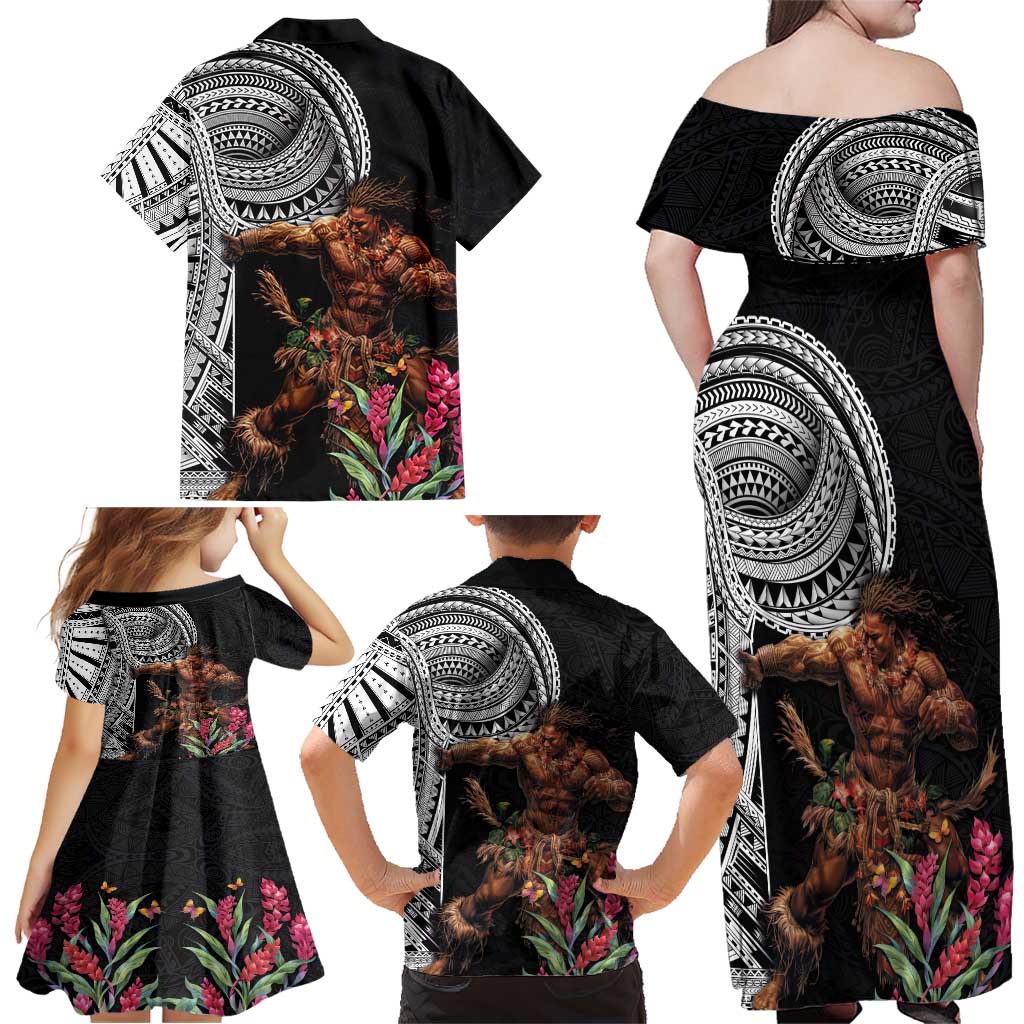 Samoan Warrior Art Tattoo Family Matching Off Shoulder Maxi Dress and Hawaiian Shirt Polynesian Pattern and Teuila