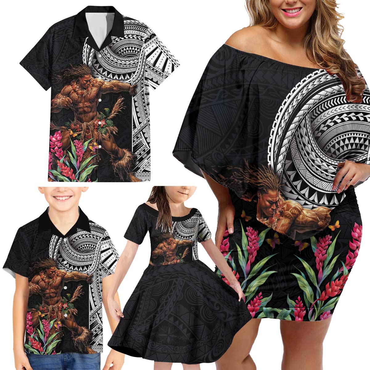 Samoan Warrior Art Tattoo Family Matching Off Shoulder Short Dress and Hawaiian Shirt Polynesian Pattern and Teuila