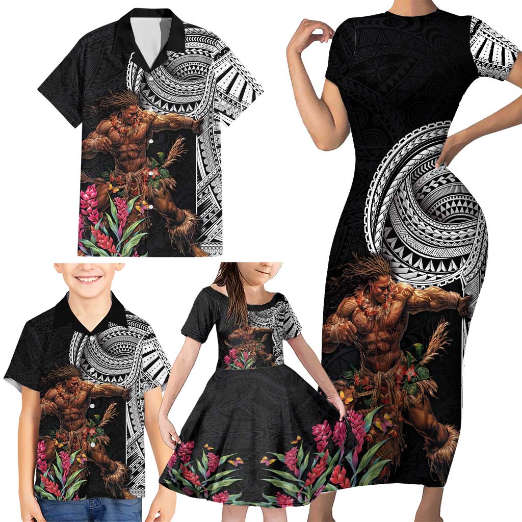 Samoan Warrior Art Tattoo Family Matching Short Sleeve Bodycon Dress and Hawaiian Shirt Polynesian Pattern and Teuila