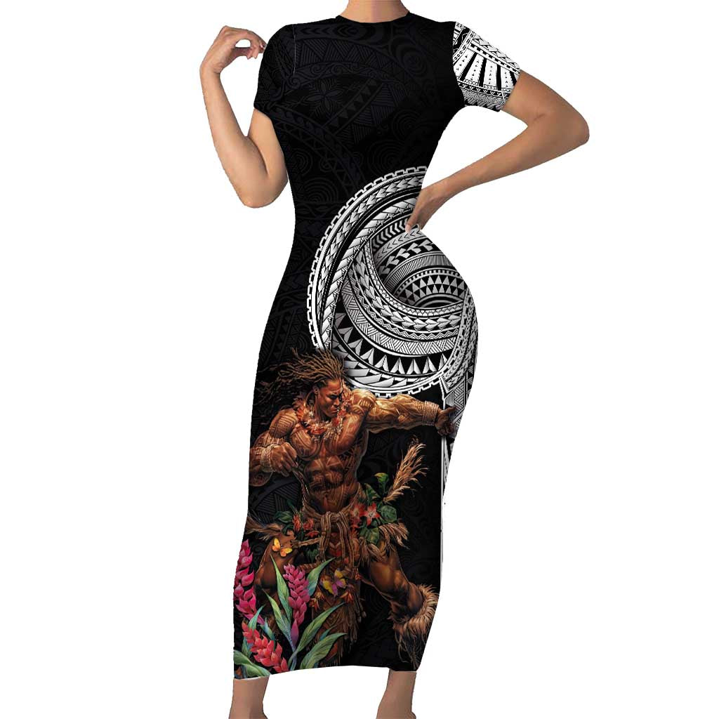 Samoan Warrior Art Tattoo Short Sleeve Bodycon Dress Polynesian Pattern and Teuila