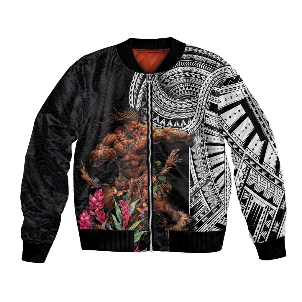 Samoan Warrior Art Tattoo Sleeve Zip Bomber Jacket Polynesian Pattern and Teuila